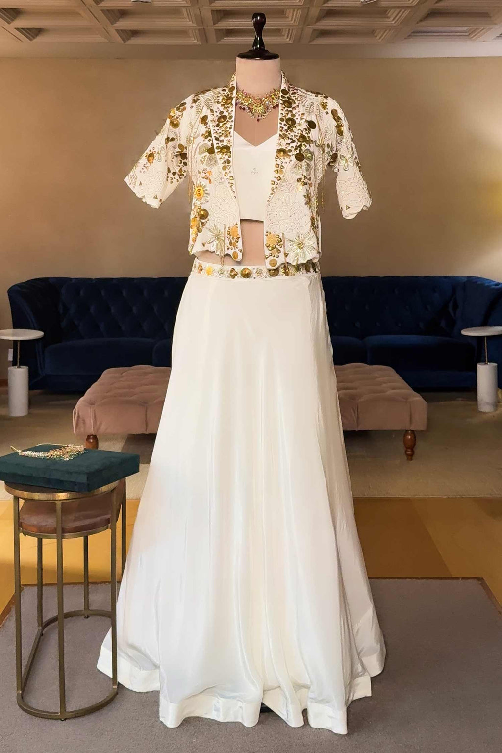 Off White Designer Handworked Crepe Silk Indo Western Set