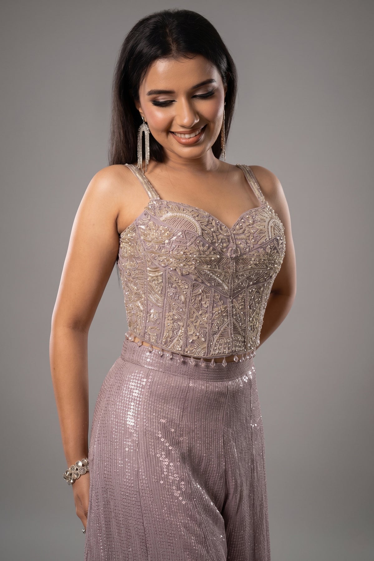 Lilac Purple Net Sequin Cutdana Worked Corset with Palazzo Set