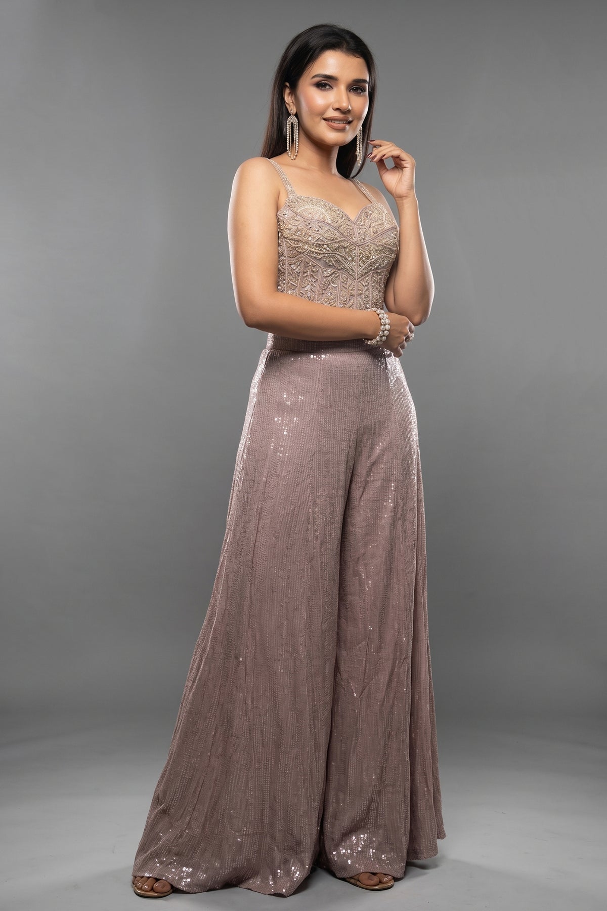 Lilac Purple Net Sequin Cutdana Worked Corset with Palazzo Set