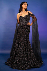 Black Net Sequin Cutdana Worked Gown with Cape