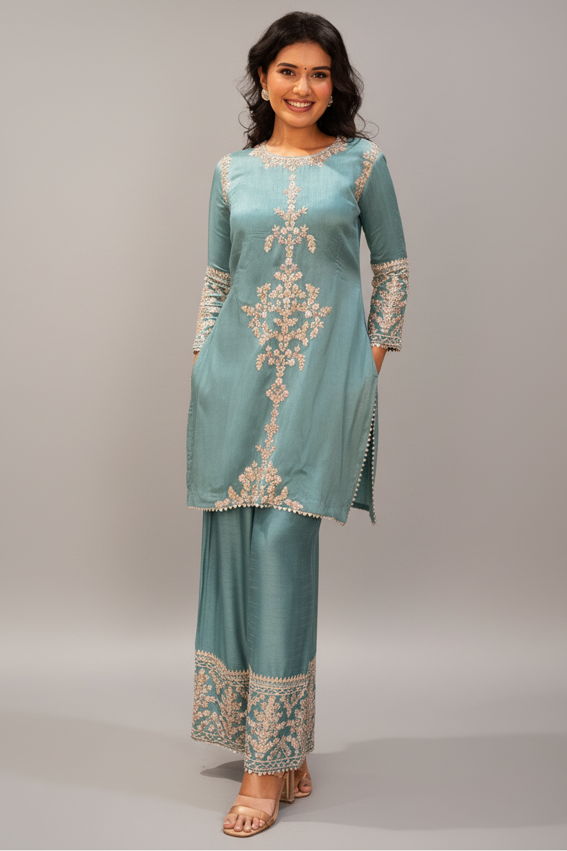 Blue Silk Zardosi and Sequin worked Co-Ord Set