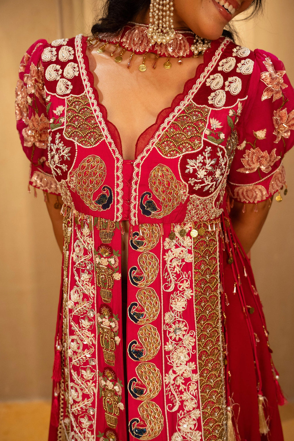 Pink Satin Organza Handworked Designer Palazzo Set