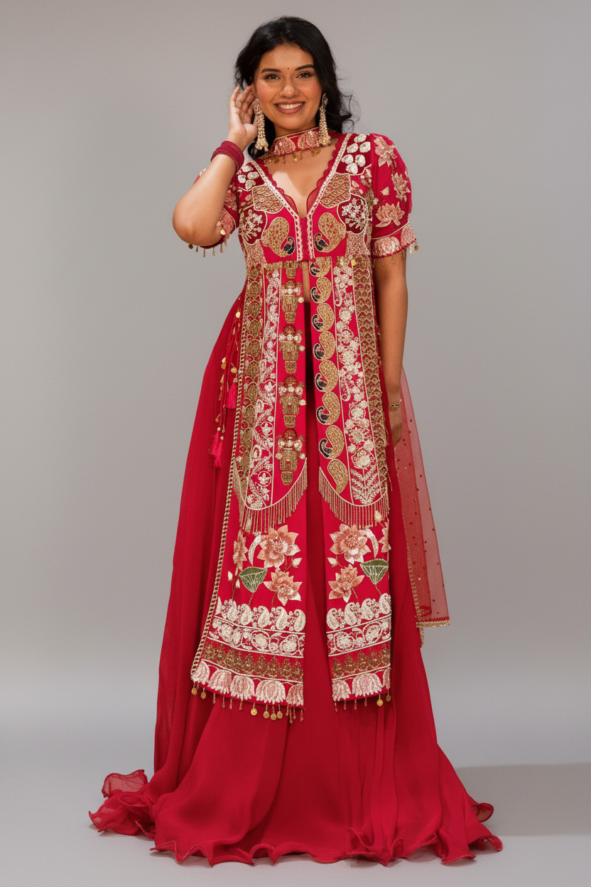 Pink Satin Organza Handworked Designer Palazzo Set