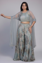 Sea Green Tissue Silk Floral Printed Crop Top Palazzo with Dupatta