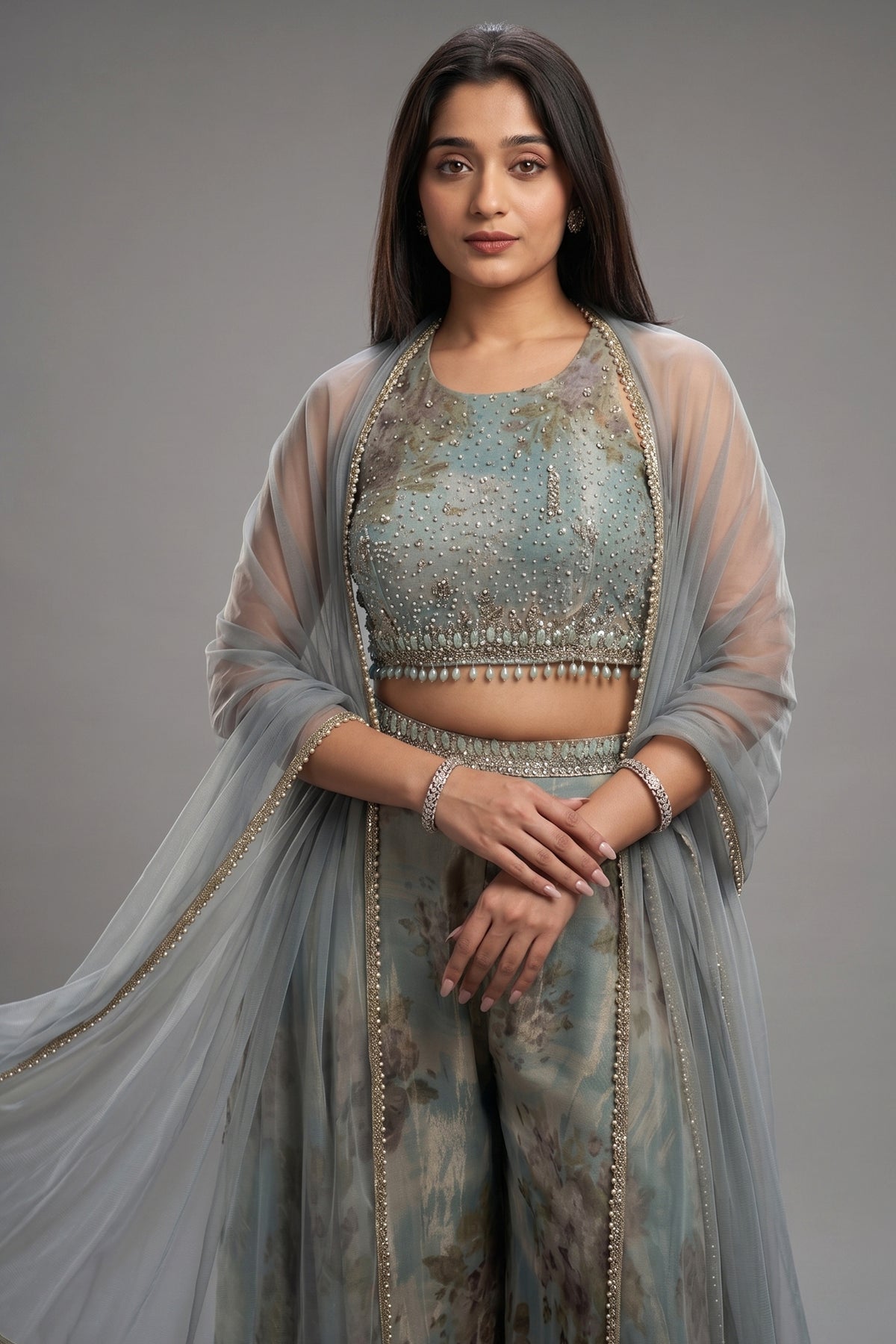 Sea Green Tissue Silk Floral Printed Crop Top Palazzo with Dupatta