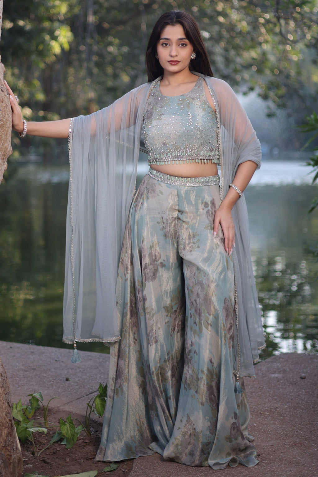 Sea Green Tissue Silk Floral Printed Crop Top Palazzo with Dupatta