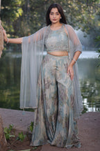 Sea Green Tissue Silk Floral Printed Crop Top Palazzo with Dupatta