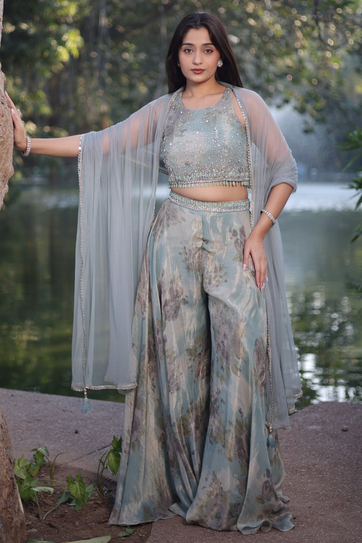 Sea Green Tissue Silk Floral Printed Crop Top Palazzo with Dupatta