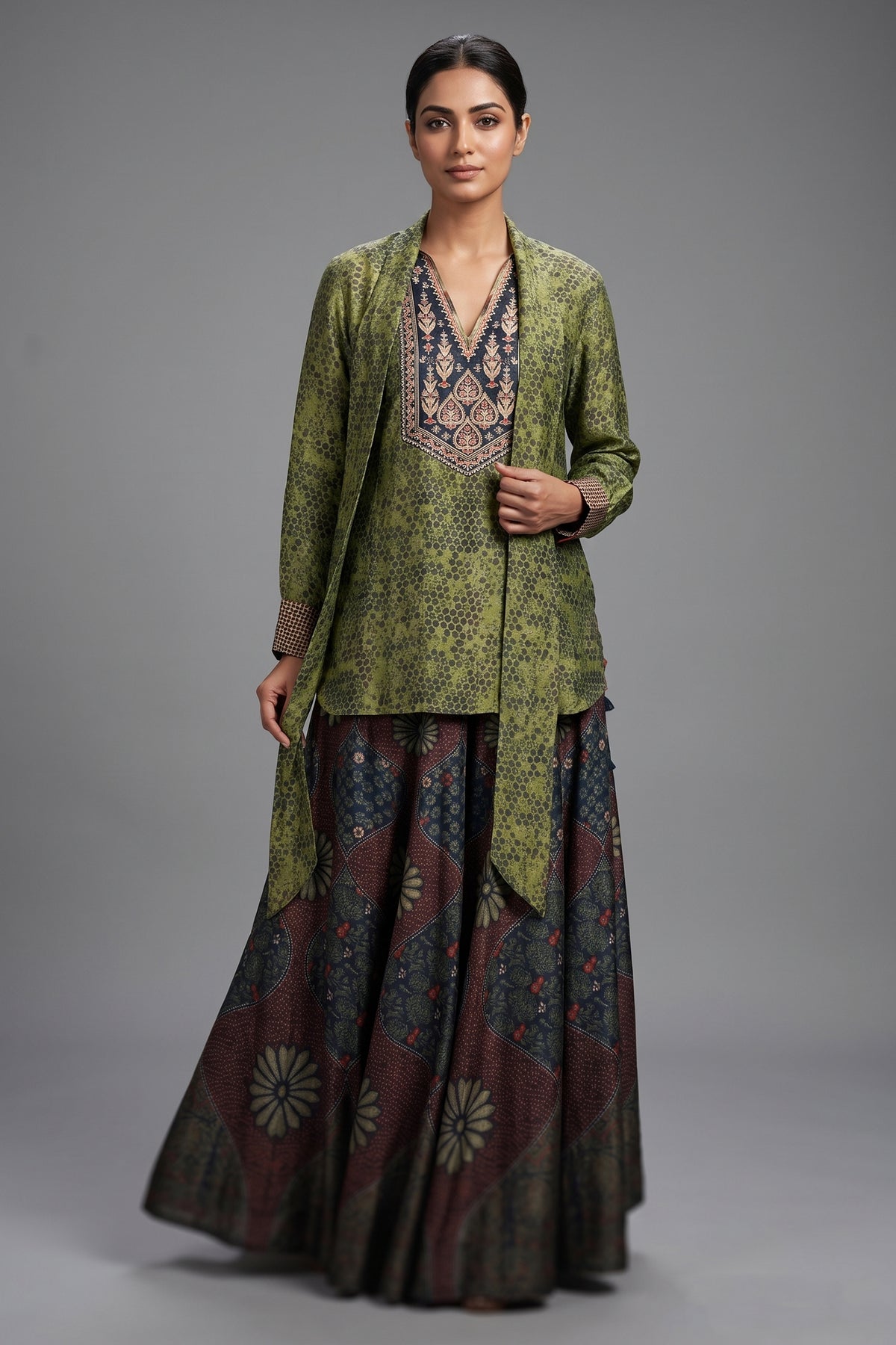 Green Silk Printed Indo Western Set