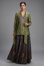 Green Silk Printed Indo Western Set