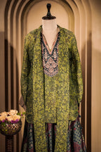 Green Silk Printed Indo Western Set