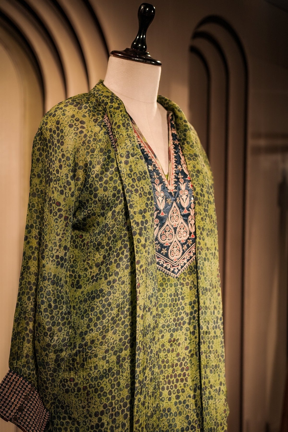 Green Silk Printed Indo Western Set