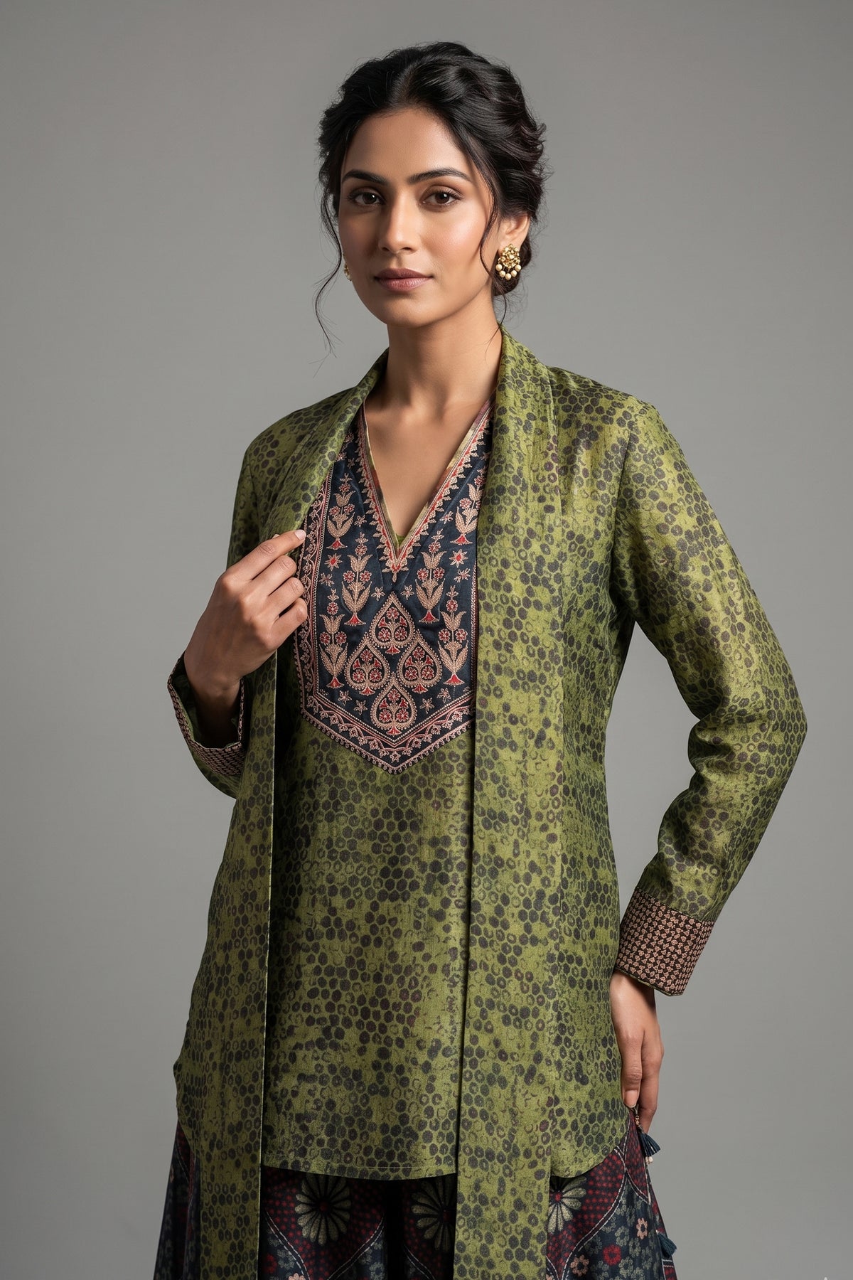 Green Silk Printed Indo Western Set
