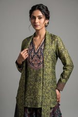 Green Silk Printed Indo Western Set