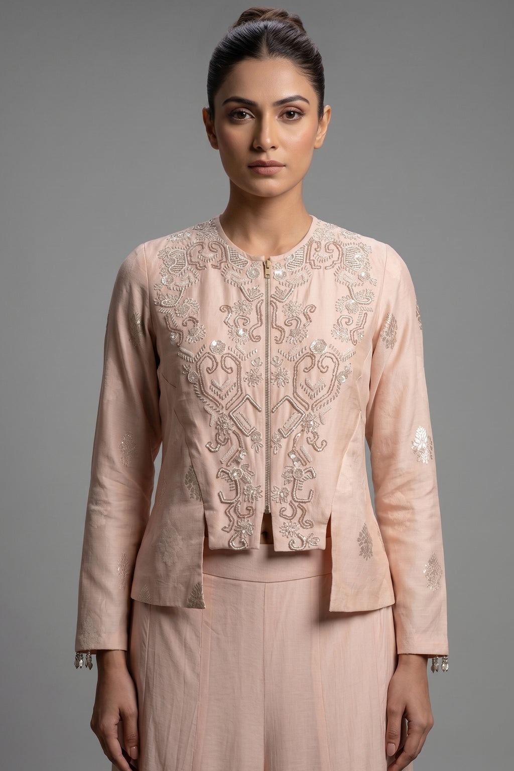 Light Peach Silk Cutdana Beaded Co-Ord Set