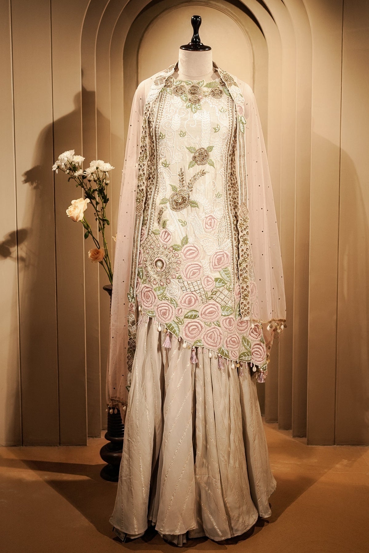 Grey Raw Silk Asymmetric Floral Embroidered and Bead Worked Palazzo Suit