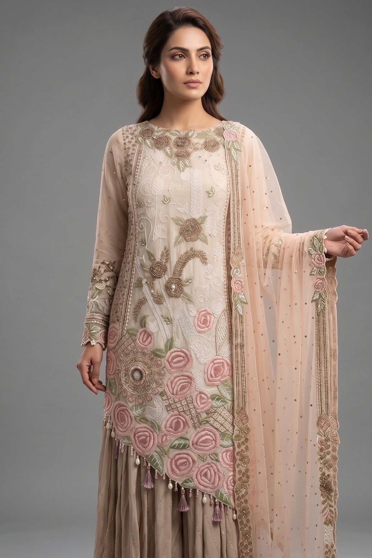 Grey Raw Silk Asymmetric Floral Embroidered and Bead Worked Palazzo Suit
