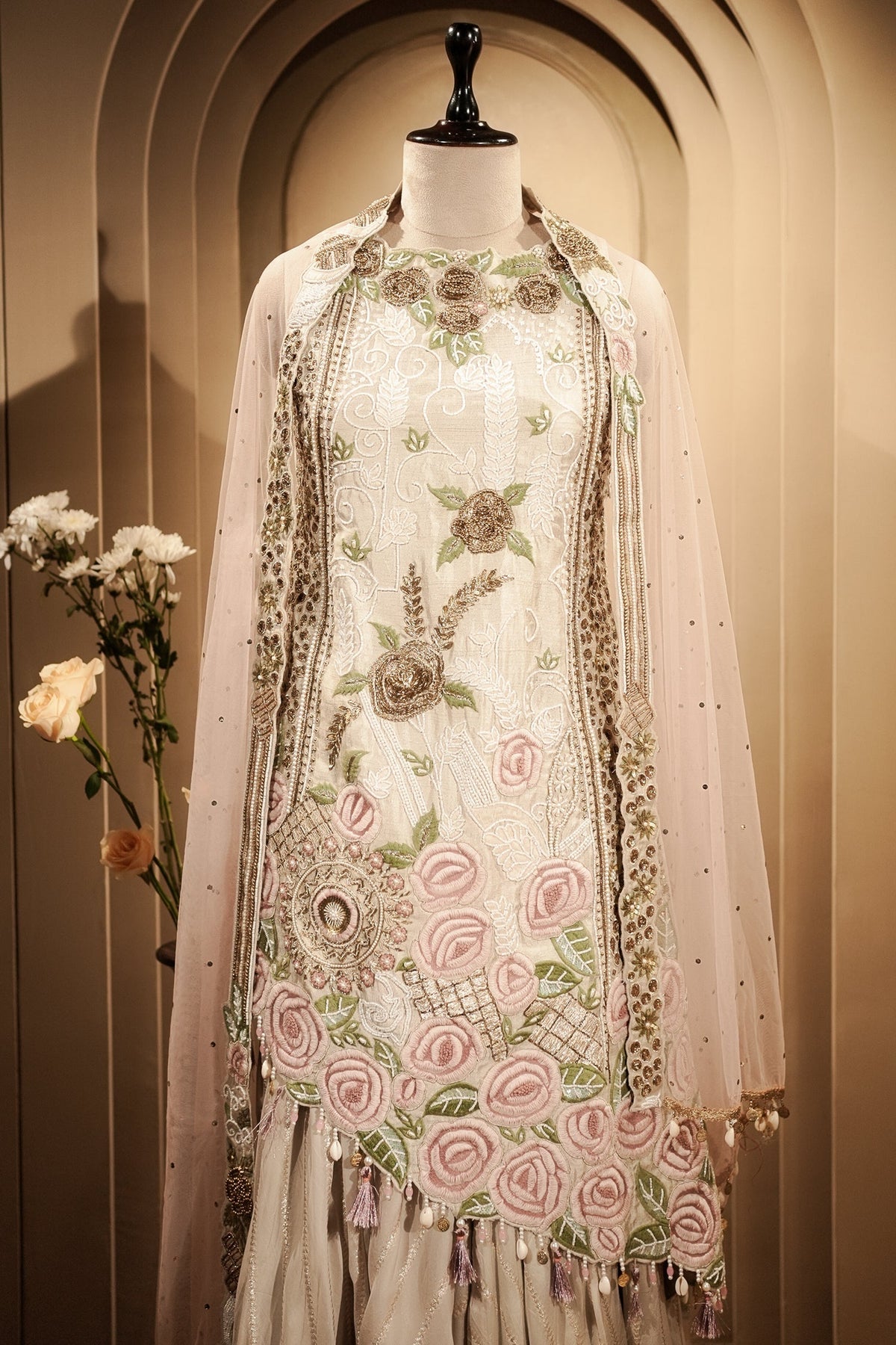Grey Raw Silk Asymmetric Floral Embroidered and Bead Worked Palazzo Suit