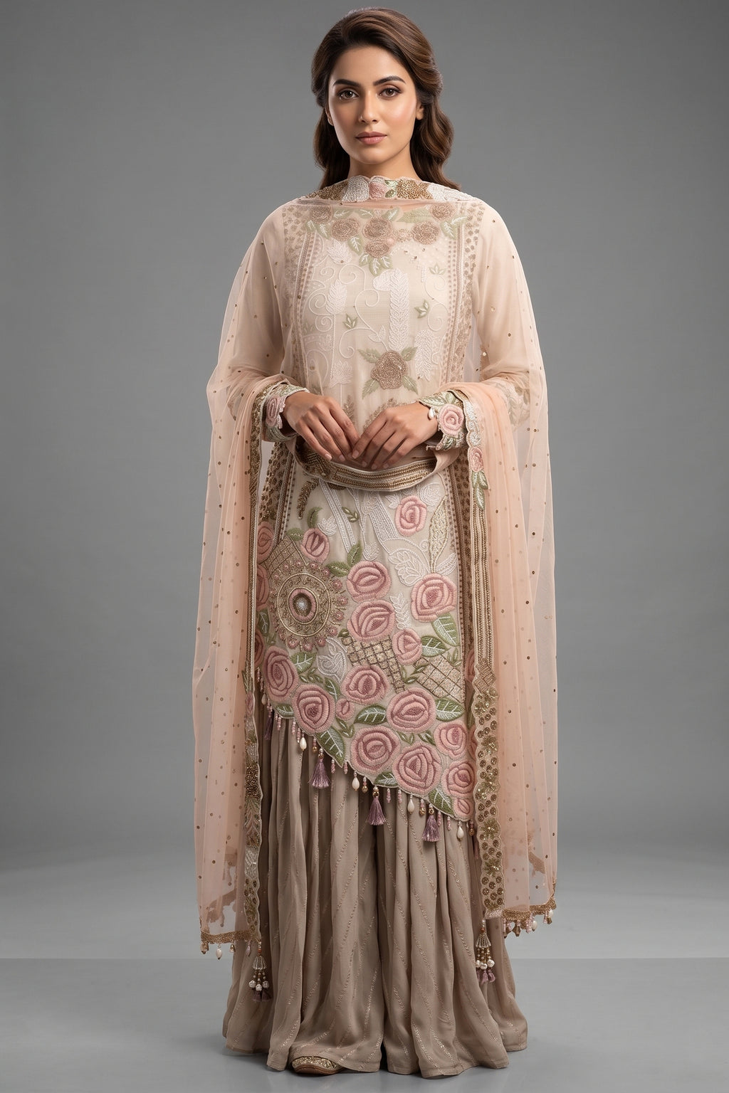 Grey Raw Silk Asymmetric Floral Embroidered and Bead Worked Palazzo Suit