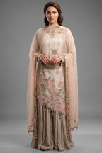 Grey Raw Silk Asymmetric Floral Embroidered and Bead Worked Palazzo Suit