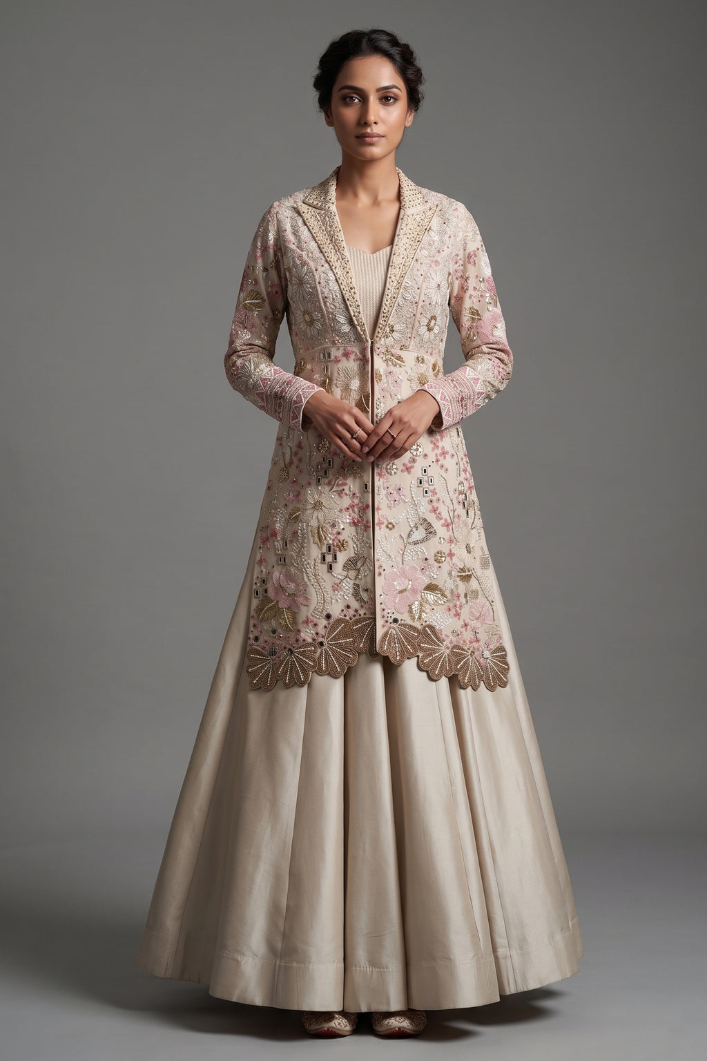 Cream Silk Designer Handworked Indo Western Set