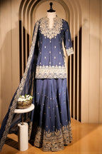 Blue Raw Silk Sequin Embroidered Palazzo Suit