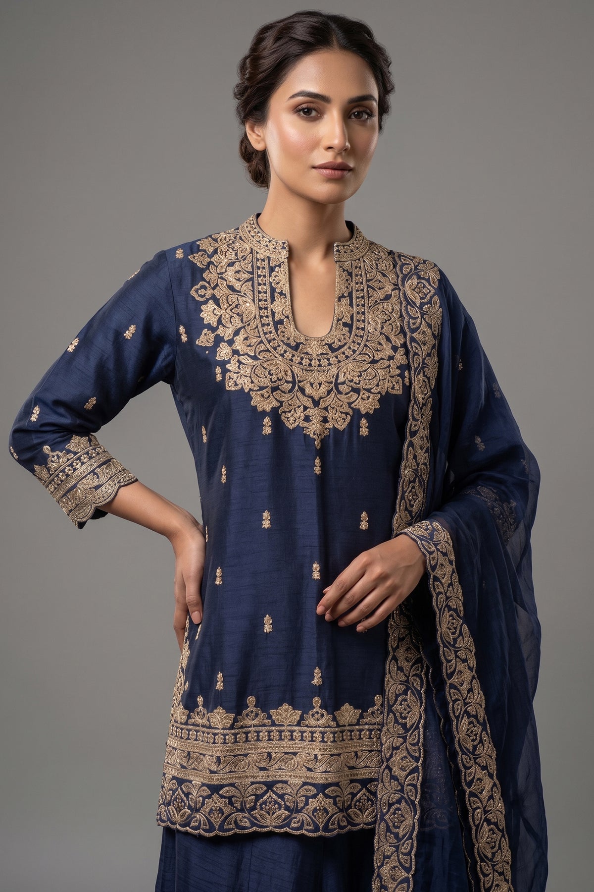 Blue Raw Silk Sequin Embroidered Palazzo Suit