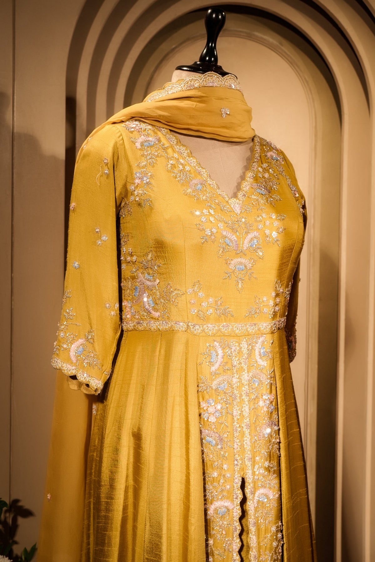 Yellow Raw Silk V Neckline Slit Cut Palazzo Suit with Sequins Work