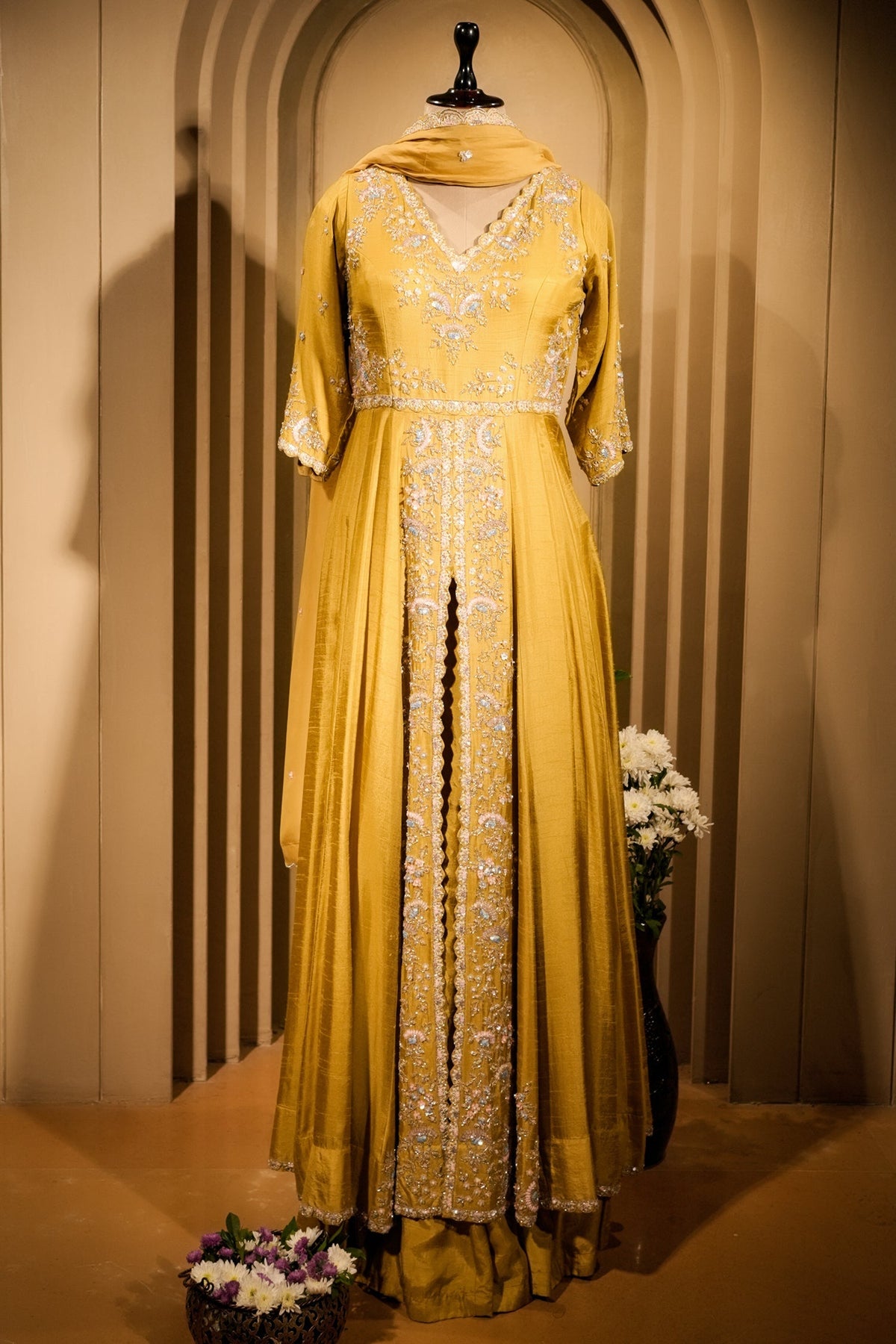 Yellow Raw Silk V Neckline Slit Cut Palazzo Suit with Sequins Work