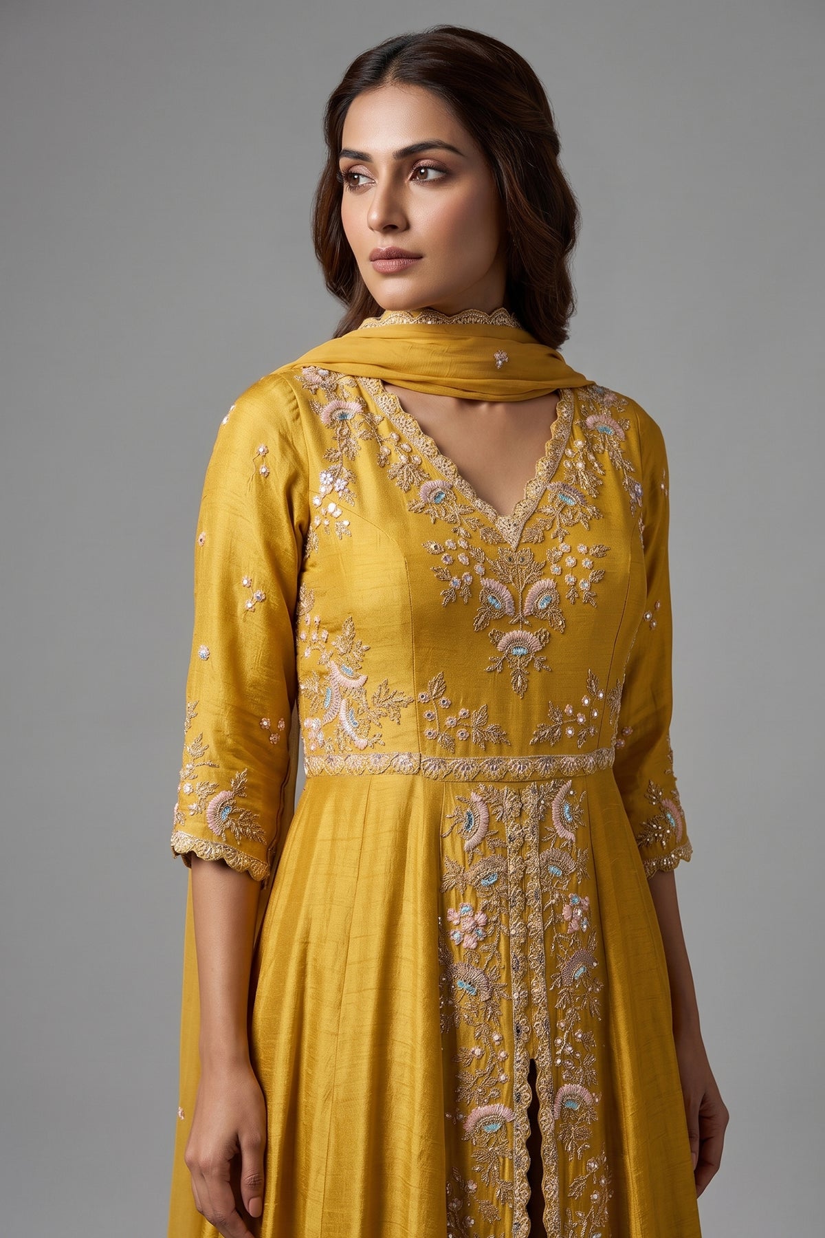 Yellow Raw Silk V Neckline Slit Cut Palazzo Suit with Sequins Work