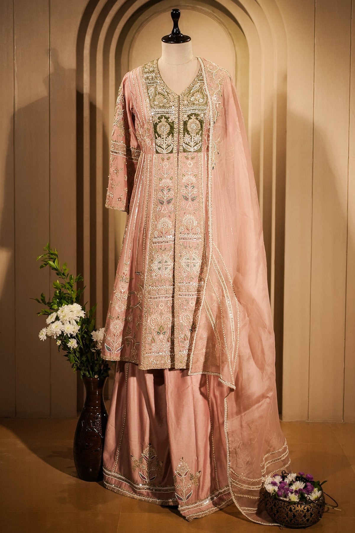 Light Pink Silk Designer Zardosi and Beads Worked Palazzo Suit