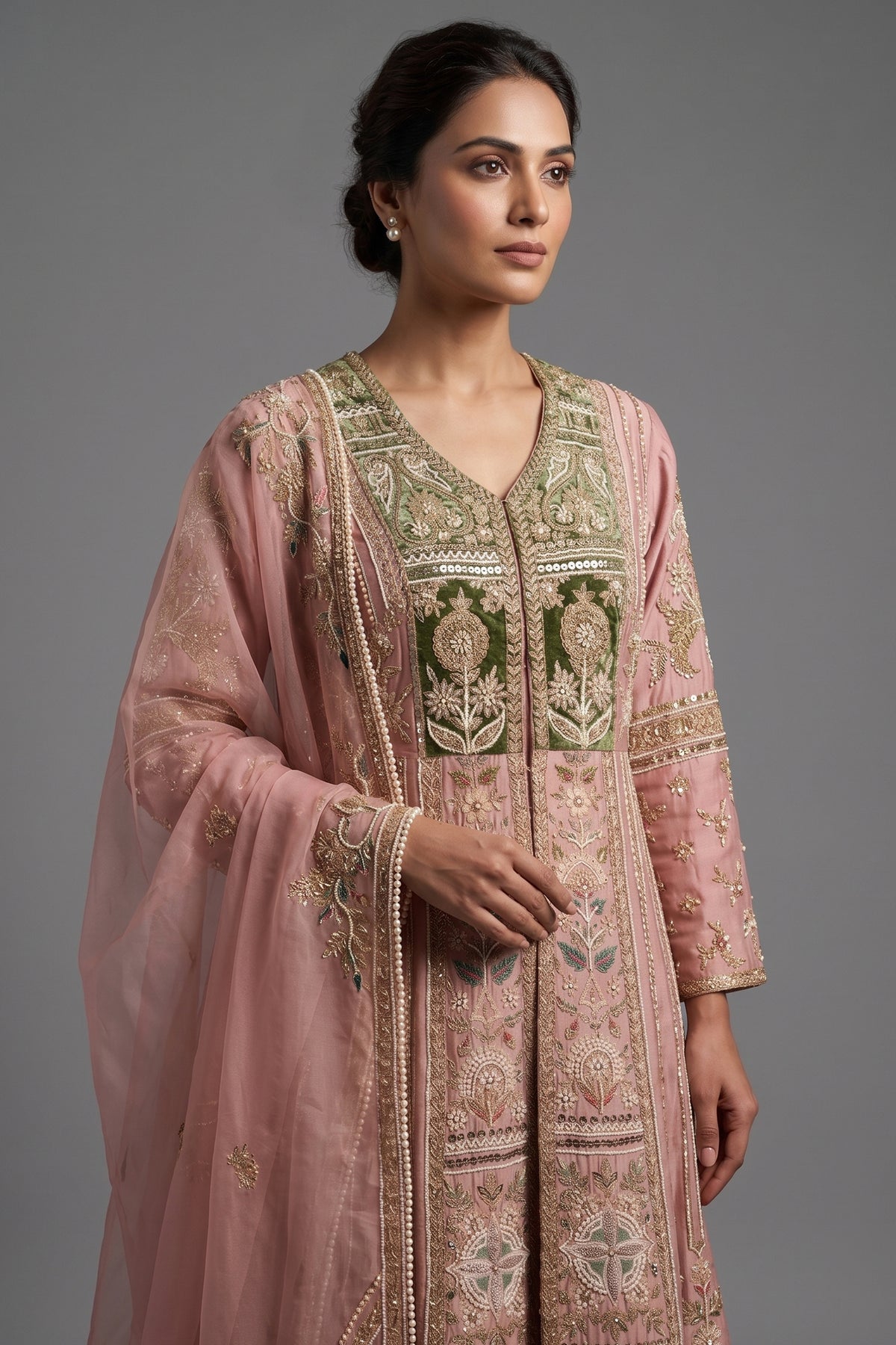 Light Pink Silk Designer Zardosi and Beads Worked Palazzo Suit