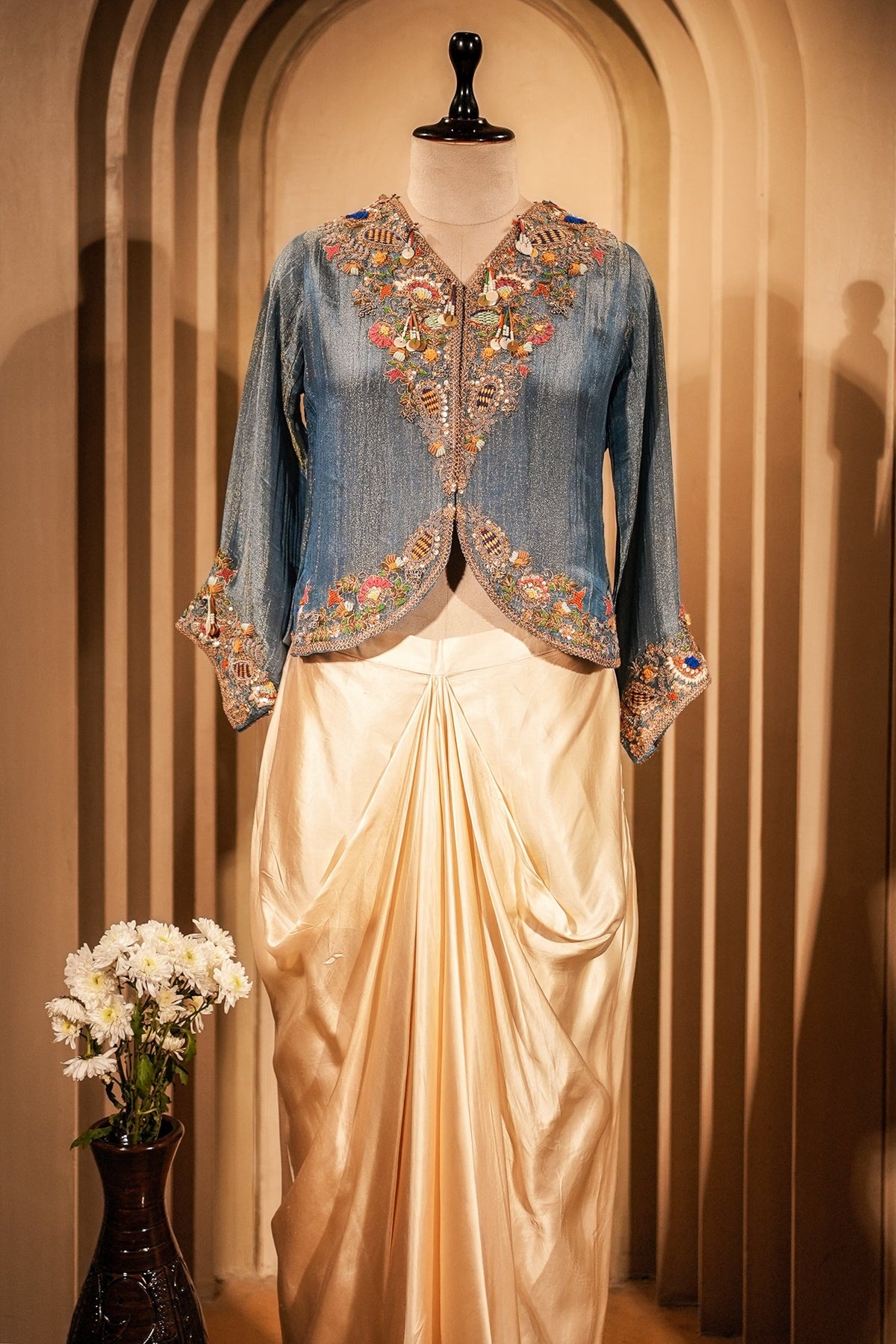 Blue Tissue Silk Embroidered Crop Top and Draped Skirt