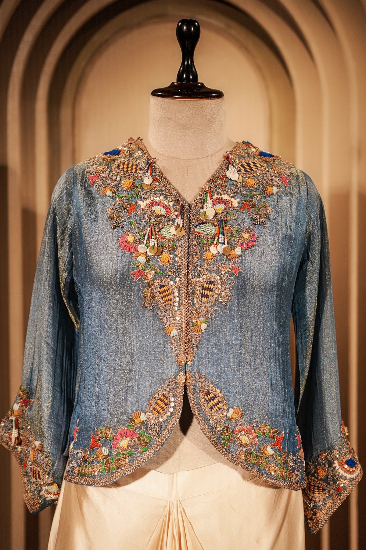 Blue Tissue Silk Embroidered Crop Top and Draped Skirt