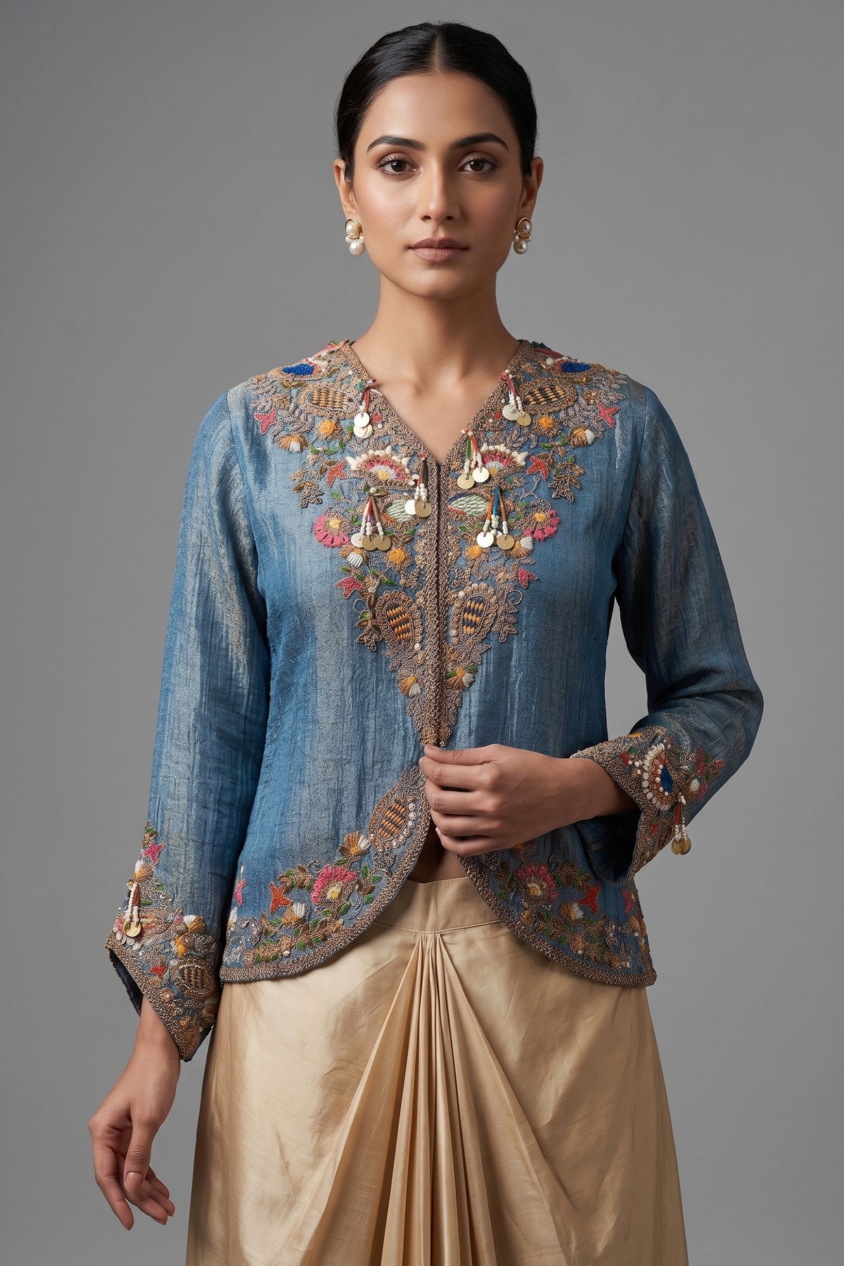 Blue Tissue Silk Embroidered Crop Top and Draped Skirt
