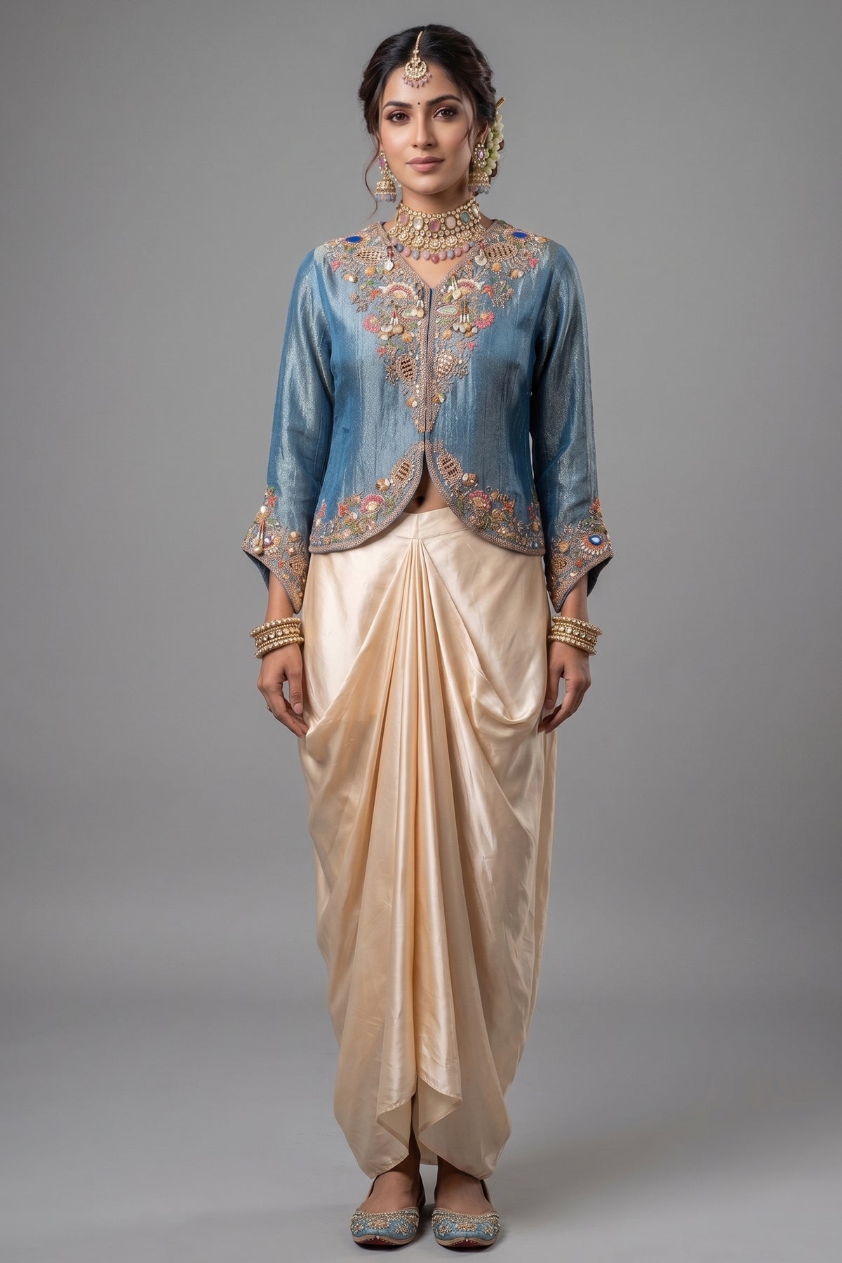 Blue Tissue Silk Embroidered Crop Top and Draped Skirt