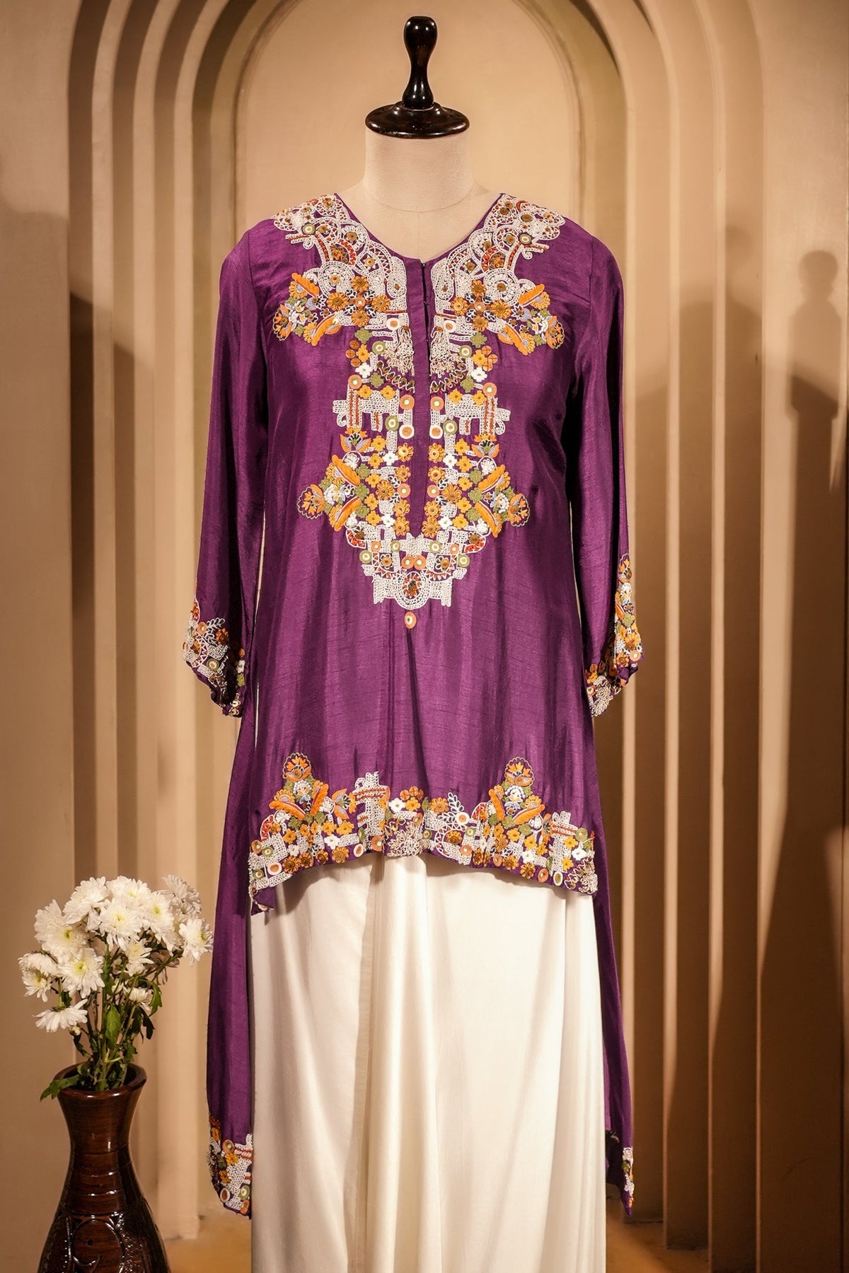 Purple Raw Silk Mirror and Thread Embroidered Top with Draped Skirt