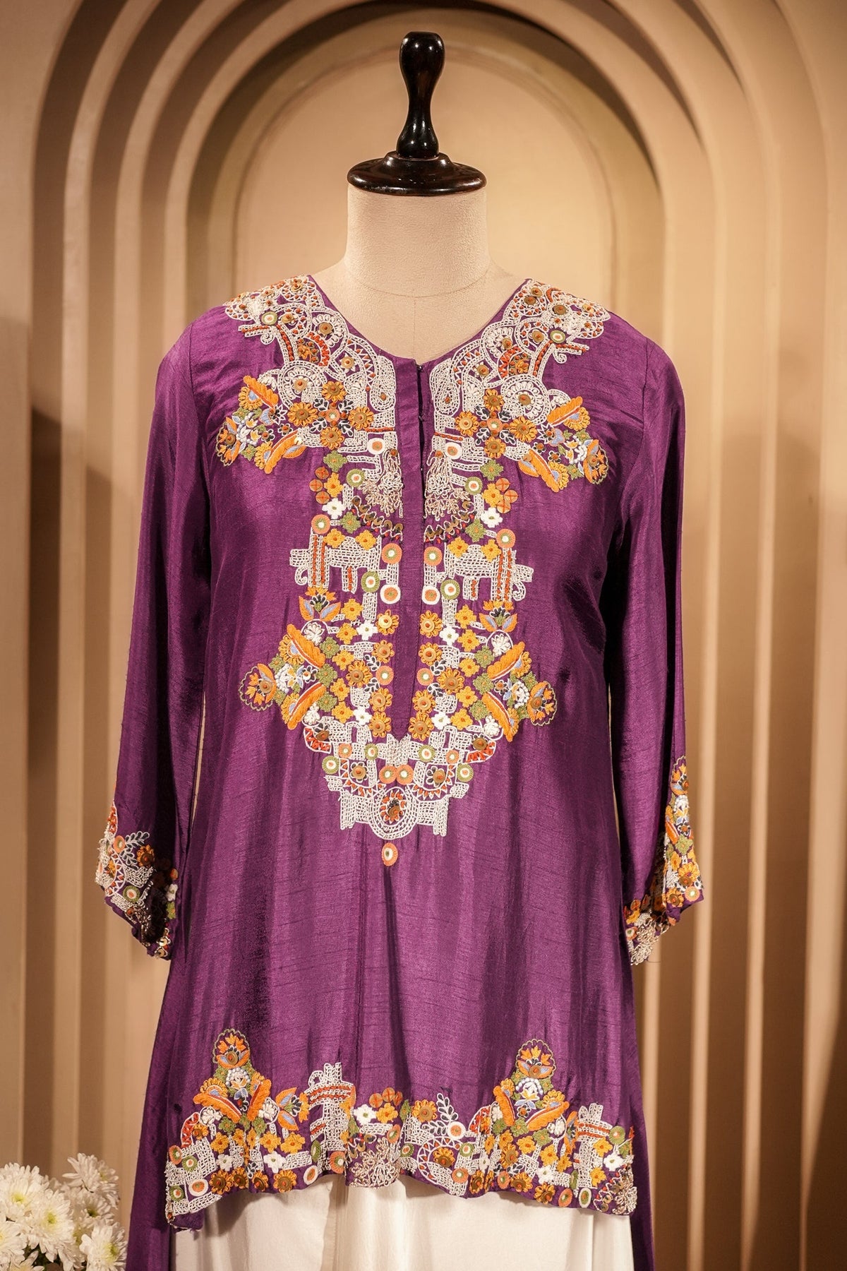 Purple Raw Silk Mirror and Thread Embroidered Top with Draped Skirt
