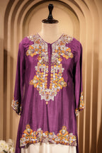 Purple Raw Silk Mirror and Thread Embroidered Top with Draped Skirt
