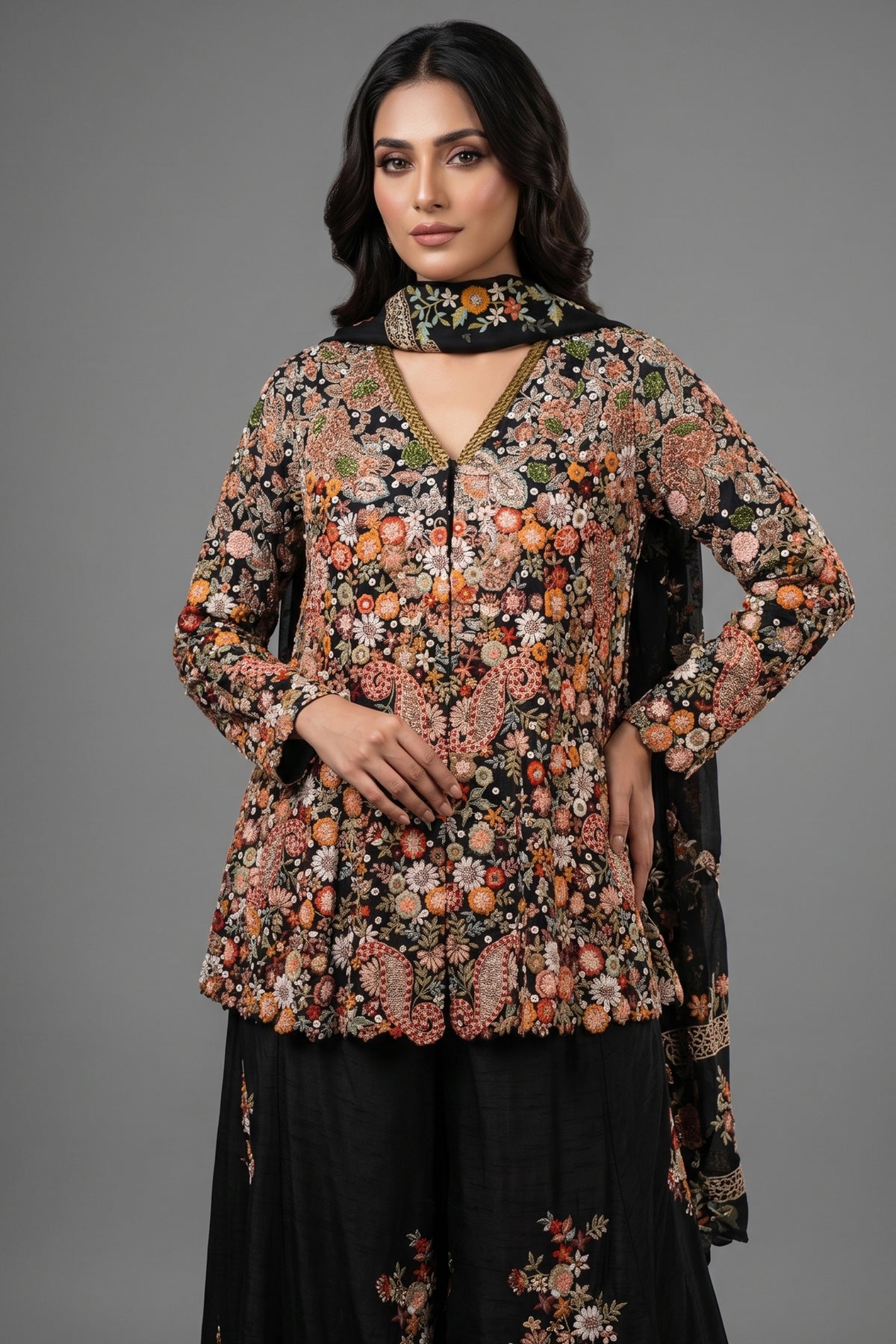 Black Raw Silk Embroidered Palazzo Suit