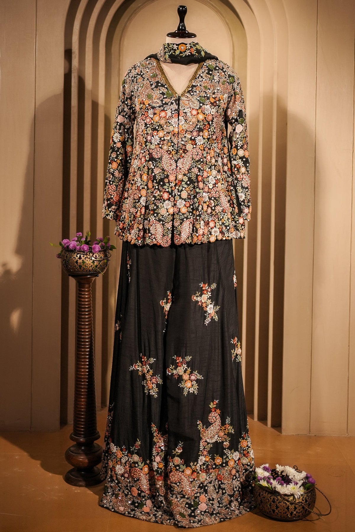 Black Raw Silk Embroidered Palazzo Suit