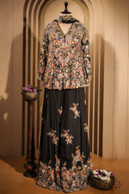 Black Raw Silk Embroidered Palazzo Suit