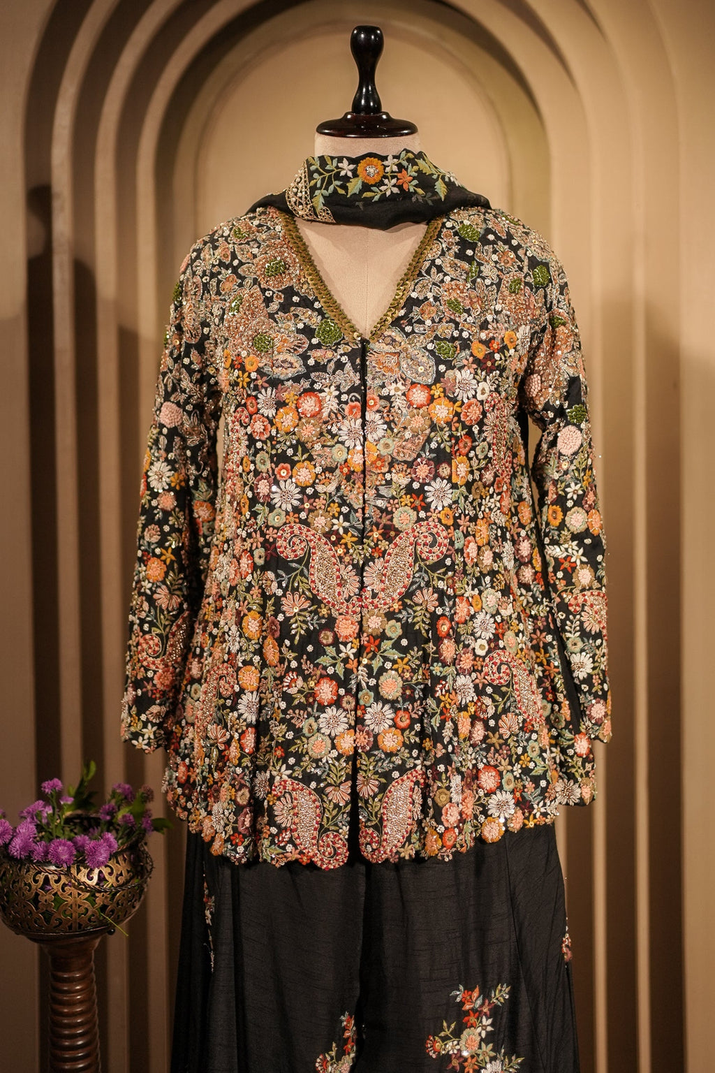 Black Raw Silk Embroidered Palazzo Suit