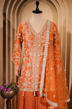 Orange Tissue Silk Sequin Embroidered and Mirror Worked Palazzo Suit