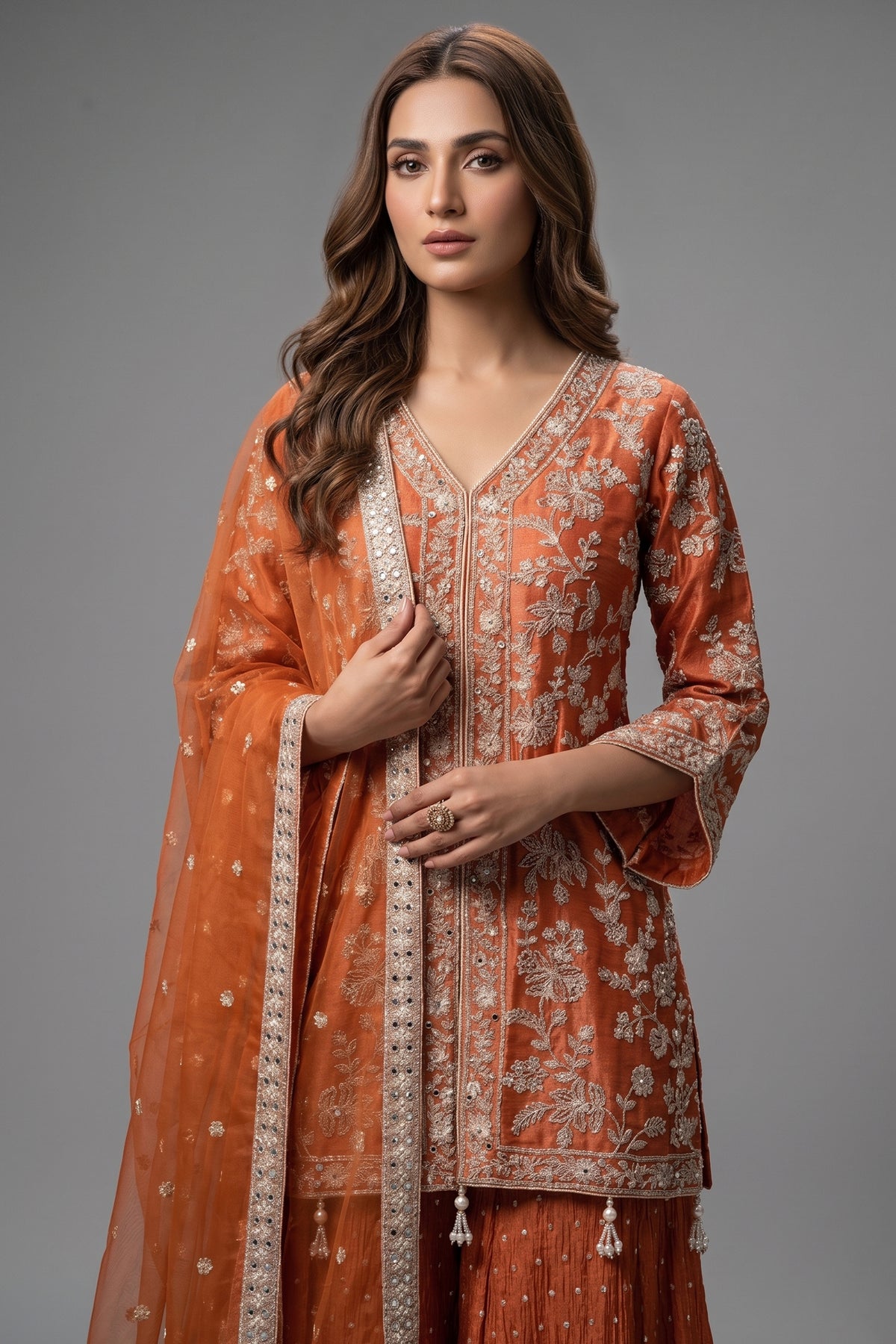 Orange Tissue Silk Sequin Embroidered and Mirror Worked Palazzo Suit