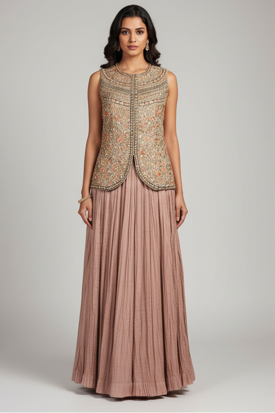 Peach Silk Printed Co-Ord Set Sequins Embroidery