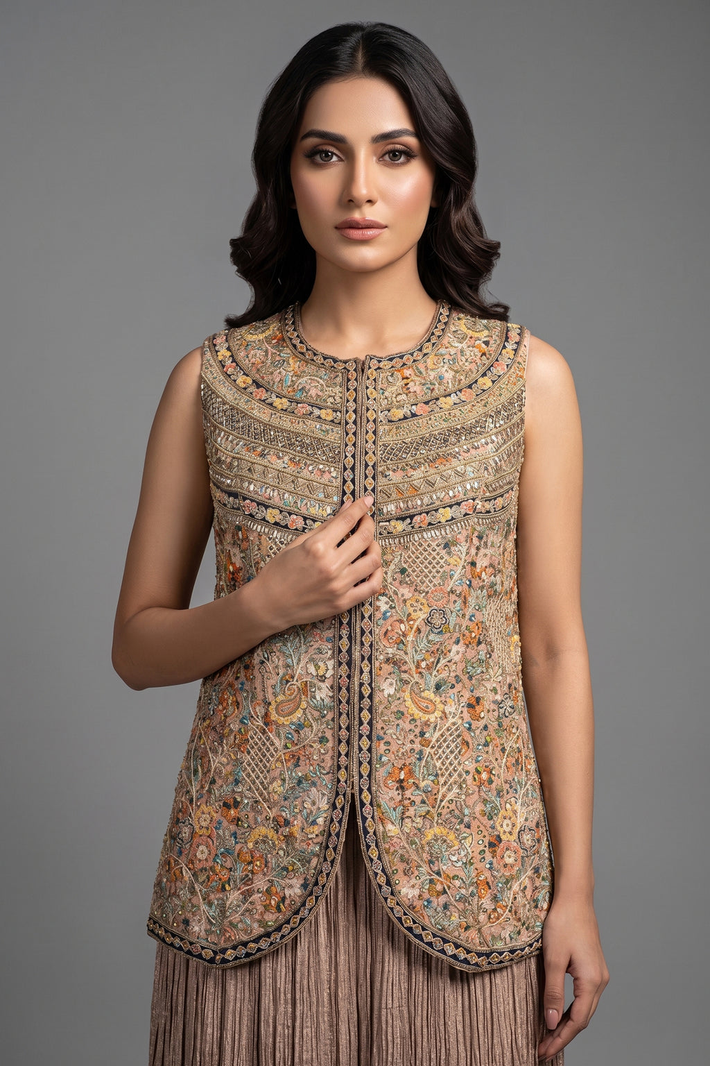 Peach Silk Printed Co-Ord Set Sequins Embroidery