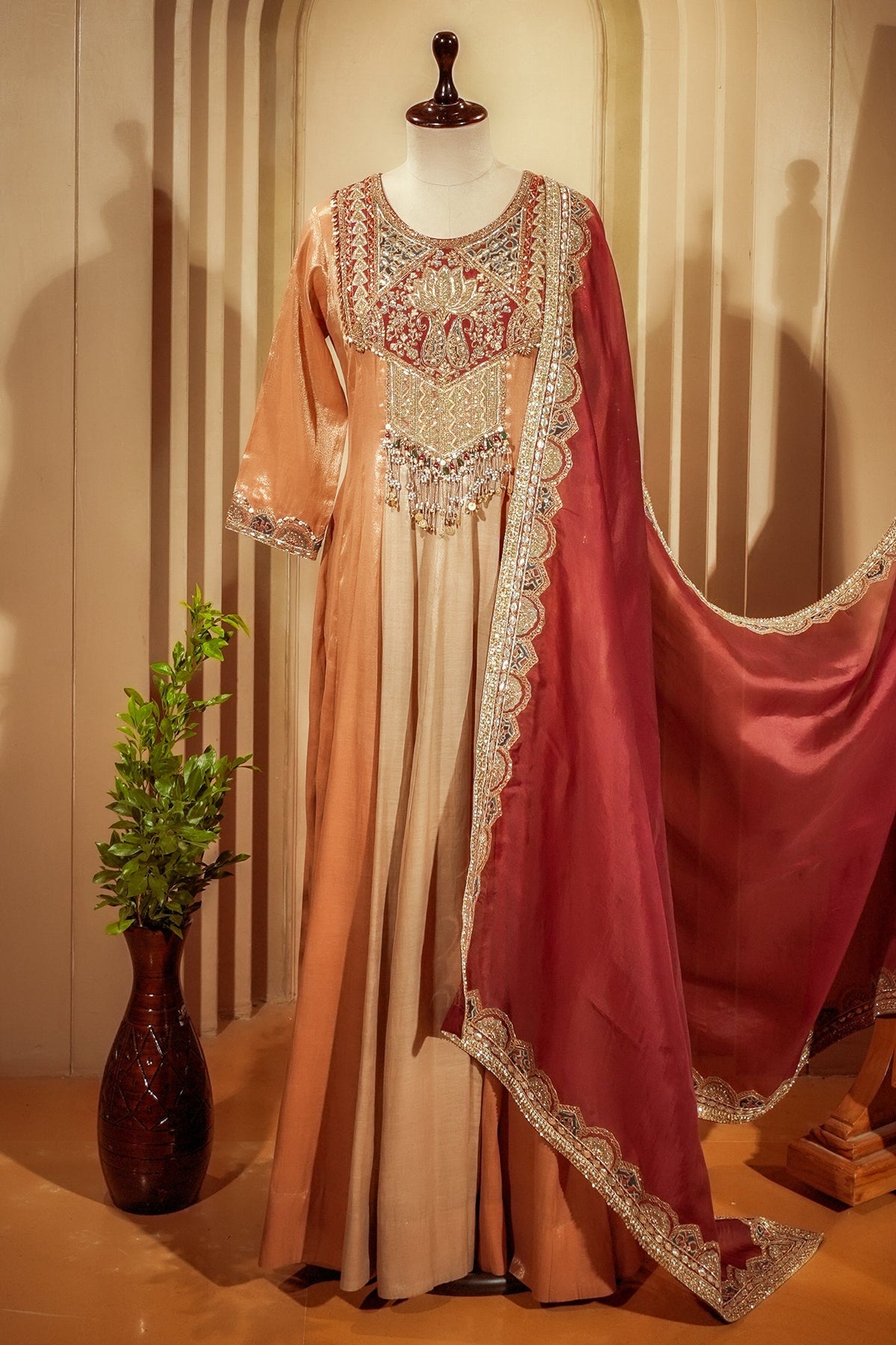 Golden Tissue Silk Zardosi and Sequin Worked Anarkali Suit