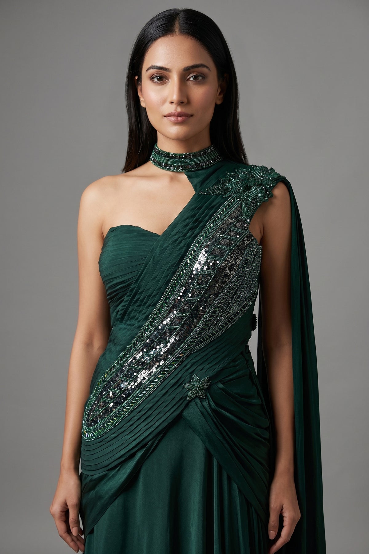 Bottle Green Chinon Silk Indo Western Set