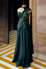 Bottle Green Chinon Silk Indo Western Set